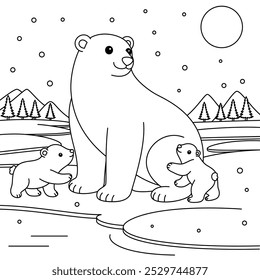 Polar bear and baby outline coloring page. Christmas and Winter Animal Illustration 