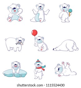 Polar bear baby white icons set. Cartoon illustration of 9 polar bear baby white vector icons for web