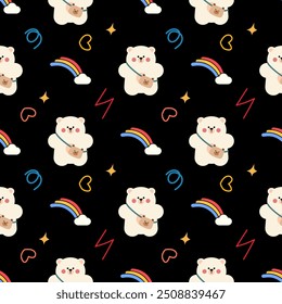 Polar bear and bag cartoon so cute. On rainbow cloud heart black background. Pattern seamless vector illustration. 
