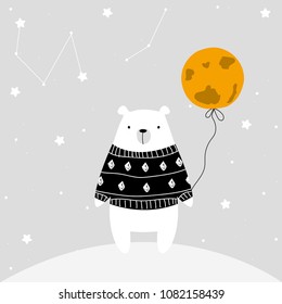 Polar bear with balloon moon. Vector hand drawn illustration.