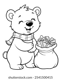 polar bear and a beautiful bag with holiday gifts coloring page