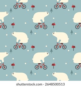 Urso polar e desenho animado de bicicleta tão fofo. No fundo de neve da caixa de correio da árvore. Ilustração de vetor uniforme de padrão. 