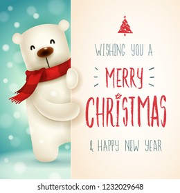 Polar Bear with big signboard. Merry Christmas calligraphy lettering design. Creative typography for holiday greeting.
