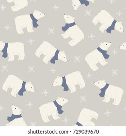 Polar Bear In A Blue Scarf Seamless Pattern. Vector Wallpaper.