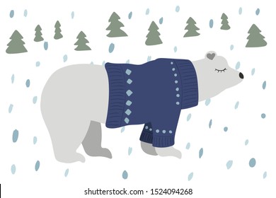 A polar bear in a blue sweater. Vector illustration. Winter forest. Fir tree.