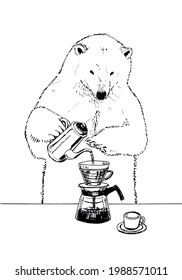 A polar bear is brewing coffee. 