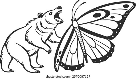 Polar Bear and Butterfly Vector Illustration for Kids Coloring