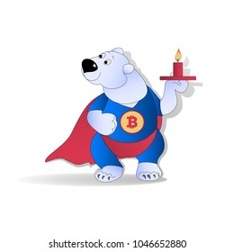 Polar bear with a candle. Bear trader. Cryptography, illustration of financial technologies, strategy of the game on the exchange crypto-currency.