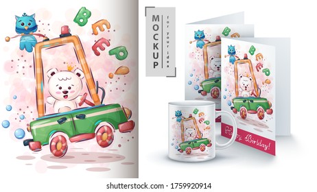 Polar bear in car poster and merchandising. Vectoreps 10