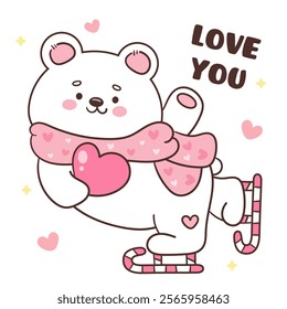 Polar bear card valentine animals play ski and hug heart (Cute cartoon). Series: kawaii sticker whimsical characters. Perfect for romantic wedding vector Flat clipart banner t shirt design.