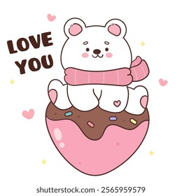 Polar bear card valentine animals on heart donut (Cute cartoon). Series: kawaii sticker whimsical characters. Perfect for romantic wedding vector Flat clipart banner t shirt design and background.