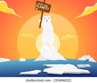 Polar bear carrying a sign saying SAVE THE PLANET, standing on a rock of ice with trash everywhere.
Flat illustration of the consequences of global warming for apps, web, poster and business