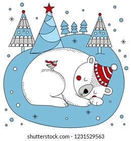 Polar bear cartoon character. A Cute Polar bear sleeping and wearing Santa Claus hat Vector illustration for Merry Christmas and Happy New Year invitation card.