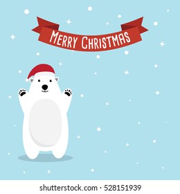 Polar bear cartoon character. A Cute Polar bear wearing Santa Claus hat. Flat design Vector illustration for Merry Christmas and Happy New Year invitation card.