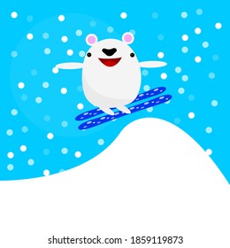 Polar bear cartoon character is skiing on snowy slopes against a background of clear blue sky concept of fun and cold season