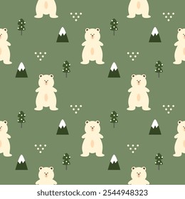 Polar bear cartoon so cute. On mountain tree green background. Pattern seamless vector illustration. 
