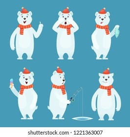 Polar bear cartoon. Ice snow white funny wild animal in different poses vector characters. White bear and winter polar animal illustration