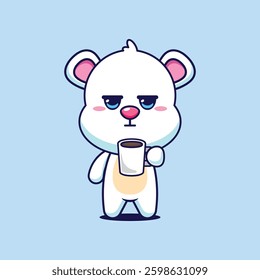 Polar bear cartoon vector illustration is tired and sleepy holding coffee
Design element for poster, brochure, web, mascot, sticker, logo and icon.