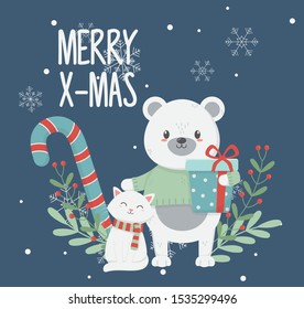 polar bear cat with gift box leaves merry christmas card vector illustration