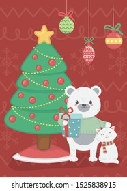 polar bear and cat with tree gift balls decoration snowflakes celebration merry christmas poster vector illustration