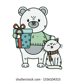 polar bear and cat with wrapped gift celebration merry christmas vector illustration