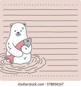 Polar Bear catch fish message paper note illustration pink