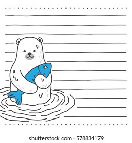 Polar Bear catch fish message paper note illustration white