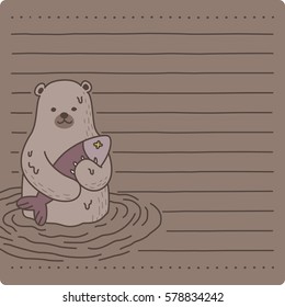Polar Bear catch fish message paper note illustration dark brown