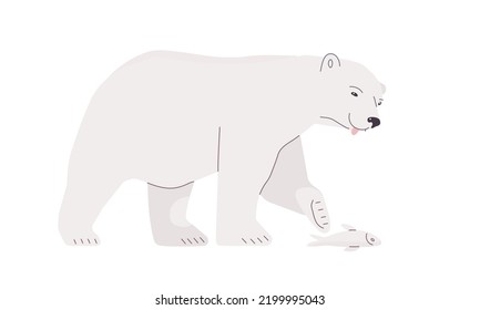 Der Eisbär hat einen Fisch gefangen. Vektorgrafik in einem flachen Cartoon-Stil.