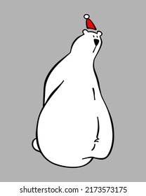 Polar bear character. Drawing of a funny white bear with a tiny Christmas hat.