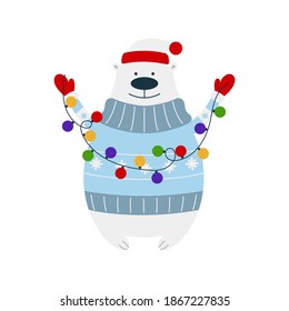  Polar bear character with garland isolated on a white background. Can be used for Christmas card, sticker, poster and etc 