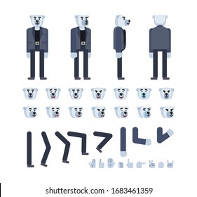 Polar bear character in grey suit creation set. Create your own pose, action, animation. Flat design vector illustration
