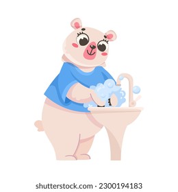 Polar Bear Character Washing Paw in Sink with Soap Follow Hygiene Rule Vector Illustration