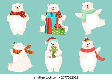 Polar bear characters in various poses and scenes. Merry Christmas cutout element Holiday cards, invitations and website celebration decoration. Flat vector illustration