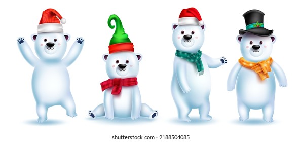 Polar bear characters vector set. Christmas bear 3d cute character in funny and playful gesture with hat and scarf for xmas winter animal collection. Vector illustration.
