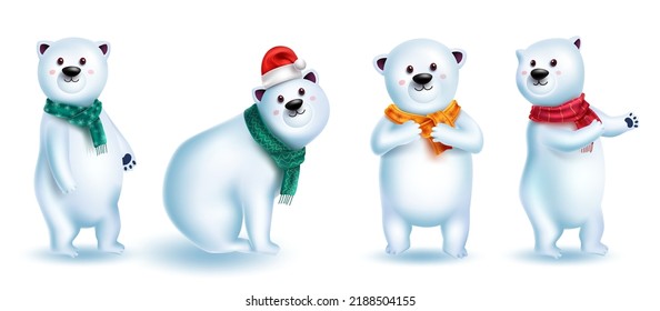 Polar bear characters vector set design. Christmas snow bears 3d character in cute and friendly pose and gestures for xmas winter animal collection. Vector illustration.
