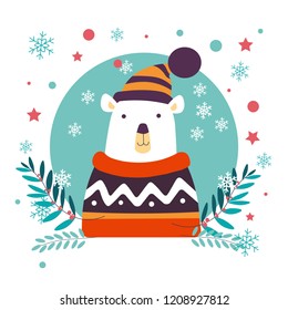 Polar bear Christmas animal wearing knitted sweater and hat