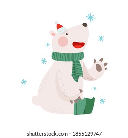 Polar Bear as Christmas Character in Hat and Knitted Scarf Enjoying Snowflakes Falling Vector Illustration