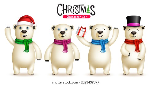 Polar bear christmas characters vector set. 3d bears character in standing pose, waving and holding gift gesture for xmas celebration collection design. Vector illustration
