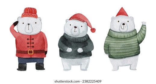 Polar bear with christmas costume . Watercolor paint cartoon characters . Isolated . Set 1 of 8 . Vector .