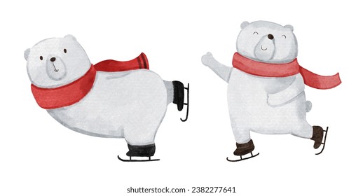 Polar bear with christmas costume . Watercolor paint cartoon characters . Isolated . Set 2 of 8 . Vector .