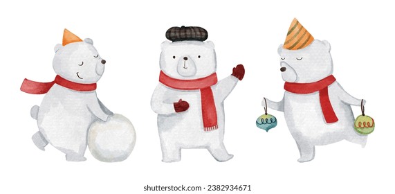 Oso polar con disfraces de navidad. Personajes de dibujos animados de color acuarela . Aislado. Juego 8 de 8 . Vector.