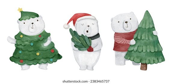 Polar bear with christmas costume . Watercolor paint cartoon characters . Isolated . Set 5 of 8 . Vector .