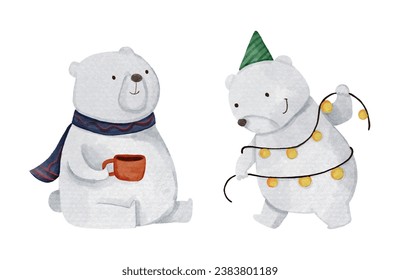 Polar bear with christmas costume . Watercolor paint cartoon characters . Isolated . Set 4 of 8 . Vector .