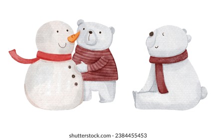 Polar bear with christmas costume . Watercolor paint cartoon characters . Isolated . Set 6 of 8 . Vector .