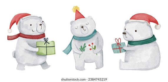 Polar bear with christmas costume . Watercolor paint cartoon characters . Isolated . Set 7 of 8 . Vector .