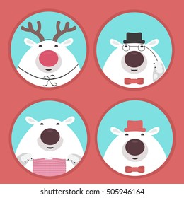 Polar bear in Christmas costumes. Set of festive animals
