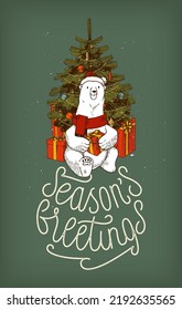 Polar bear Christmas. Cute polar bear character sitting under the x-mas tree with presents. Seasons greetings Christmas vintage card.