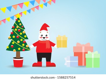 Polar bear in Christmas red hat stand near tree and gift boxes. Polar bear look like happy so much. EPS10 and vector.