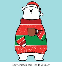 Polar Bear In Christmas Sweater Holding Mug